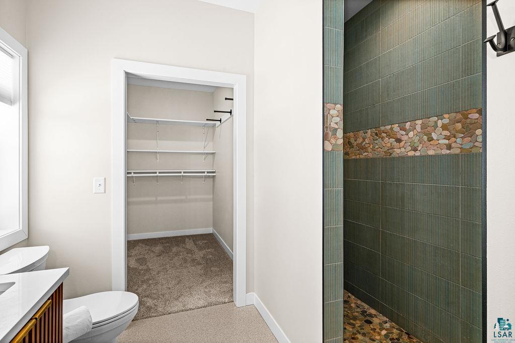 2236 Hoover Street Duluth, MN 55811 - Photo 17 of 52 Full bathroom featuring vanity, a walk in closet, a walk in shower, and light colored carpet
