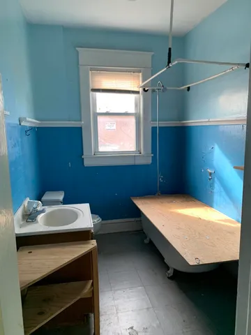 a room with table and window