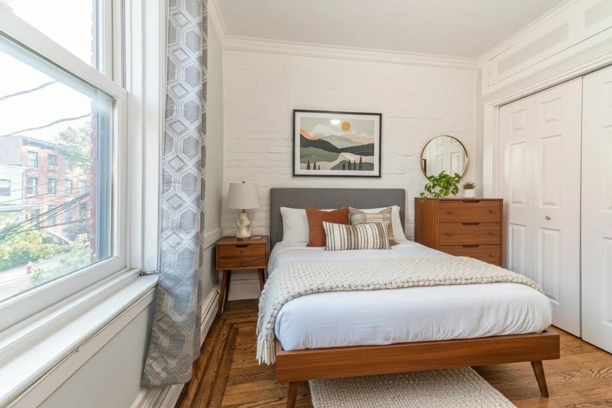 245 3rd Street, Unit 2 Jersey City, NJ 07302 - Photo 12 of 19 a bedroom with a bed and a painting on the wall