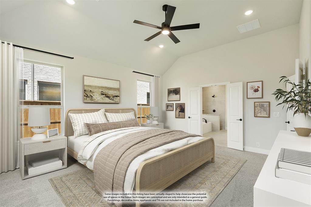 717 Seahawk Street Joshua, TX 76058 - Photo 21 of 40 a bedroom with a large bed and a chandelier