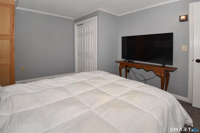 a bedroom with a bed and a flat screen tv