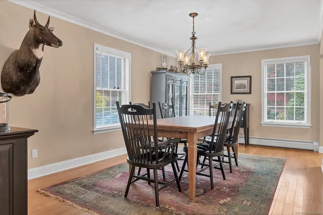 a view of a dining room with furniture window and wooden floor