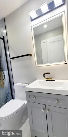a bathroom with a sink a toilet a mirror and vanity