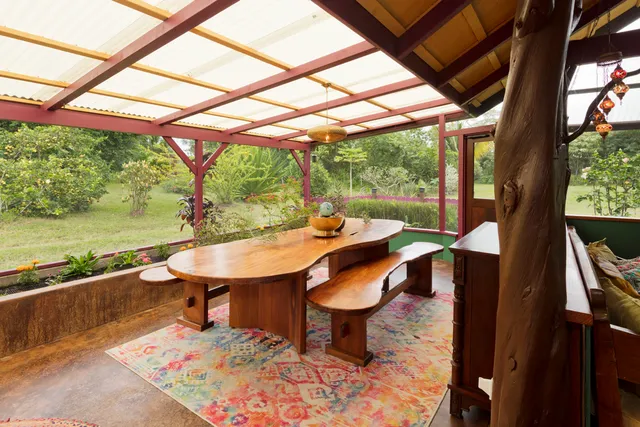 a outdoor dining space with furniture