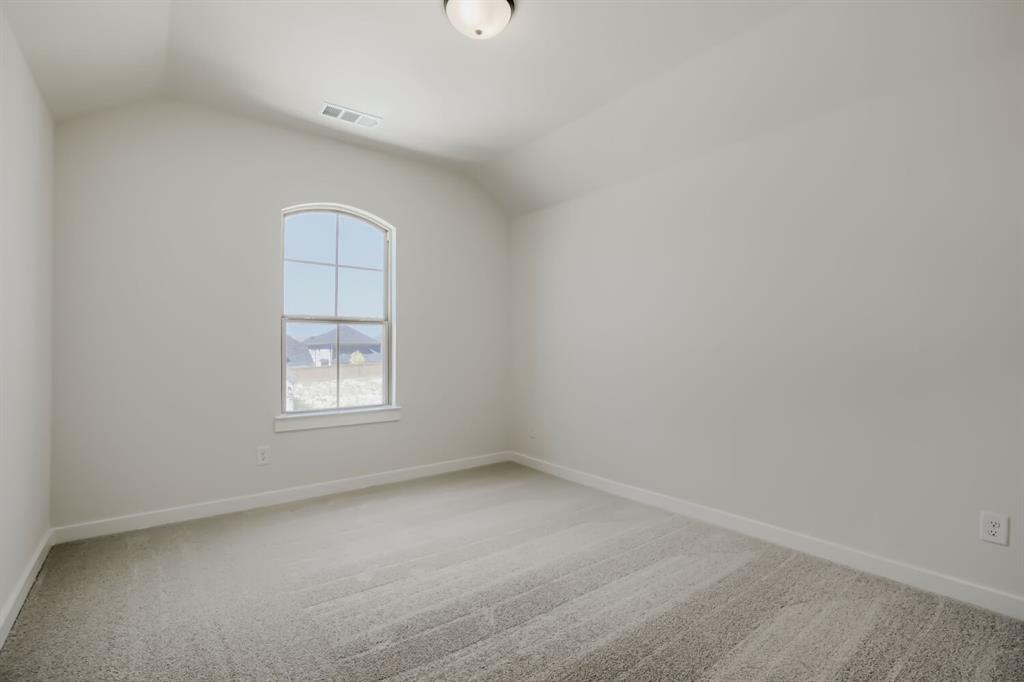 824 Stone Grv Road Lavon, TX 75166 - Photo 15 of 26 Vaulted ceiling room with an arched window, soft gray wall paint, and coordinating gray carpet