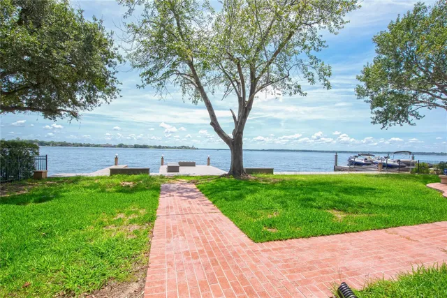 a view of a yard with large trees
