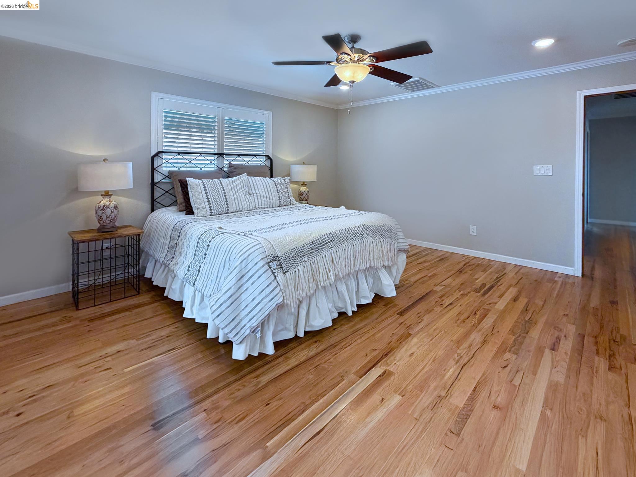 1732 Fernando Street Seaside, CA 93955 - Photo 31 of 53 Bedroom with light wood finished floors, a ceiling fan, ornamental molding, and recessed lighting