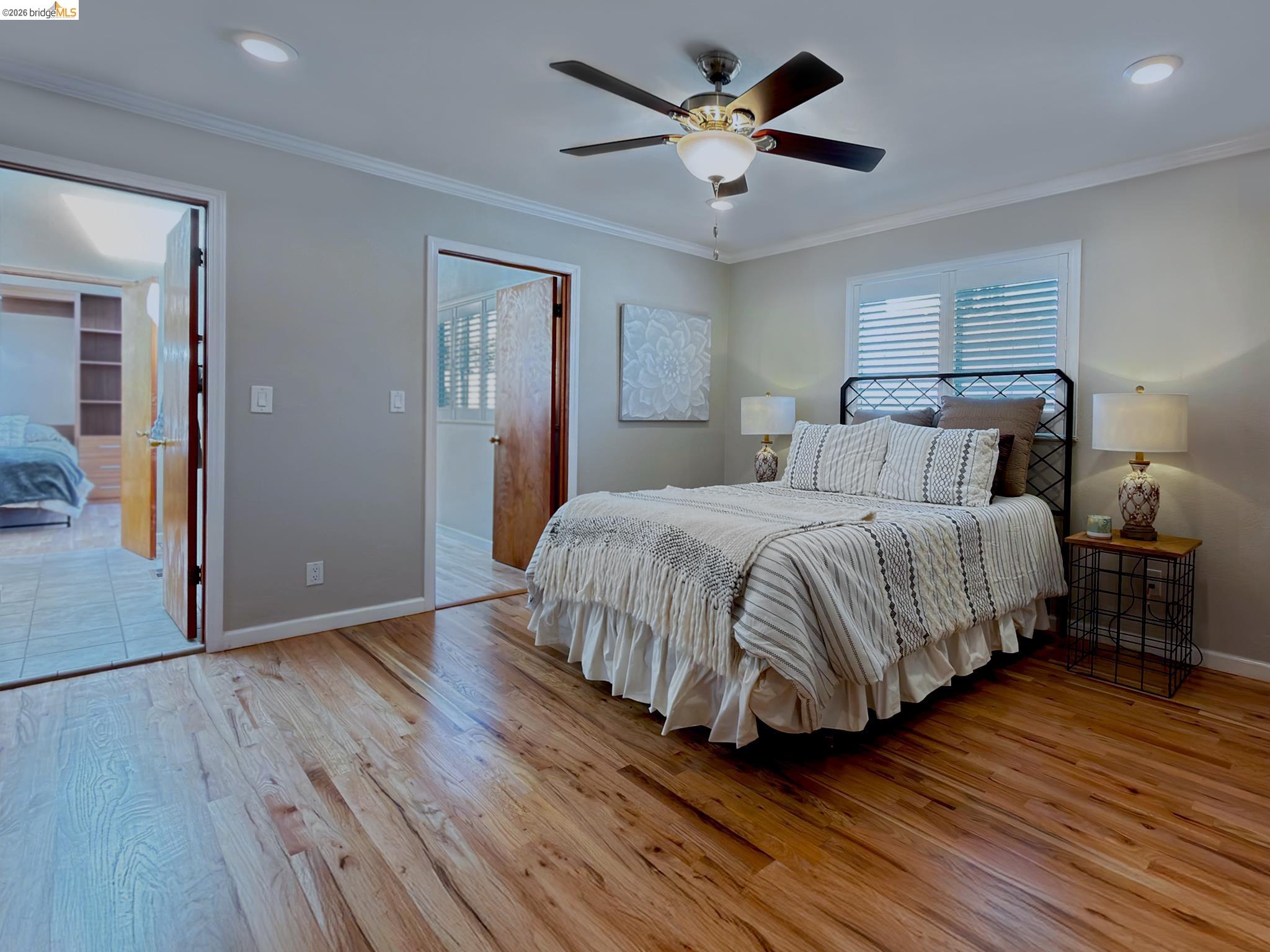 1732 Fernando Street Seaside, CA 93955 - Photo 32 of 53 Bedroom featuring light wood finished floors, ornamental molding, a ceiling fan, and recessed lighting