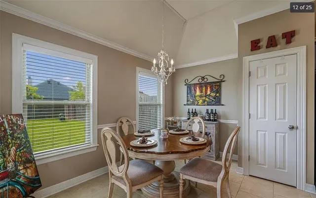 a view of a dining room with furniture and window