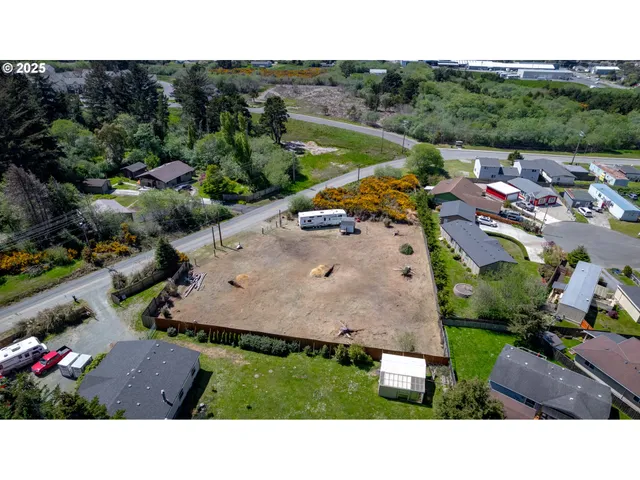 a view of a dry yard with trees in the background