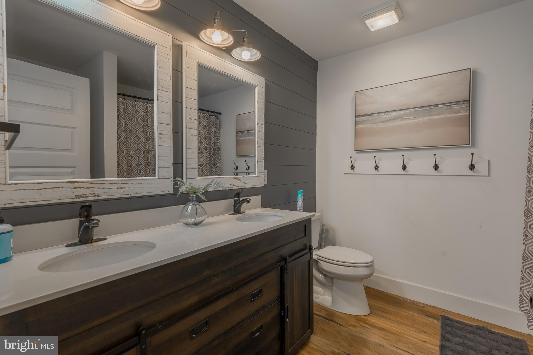 24227 Thicket Point Lane Onancock, VA 23417 - Photo 57 of 98 a bathroom with a granite countertop sink a toilet and a mirror