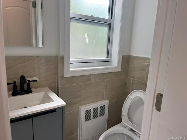 a bathroom with a sink a toilet and mirror