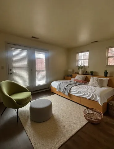 a bedroom with a bed window and couch