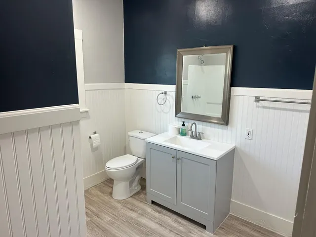 a bathroom with a toilet sink and mirror