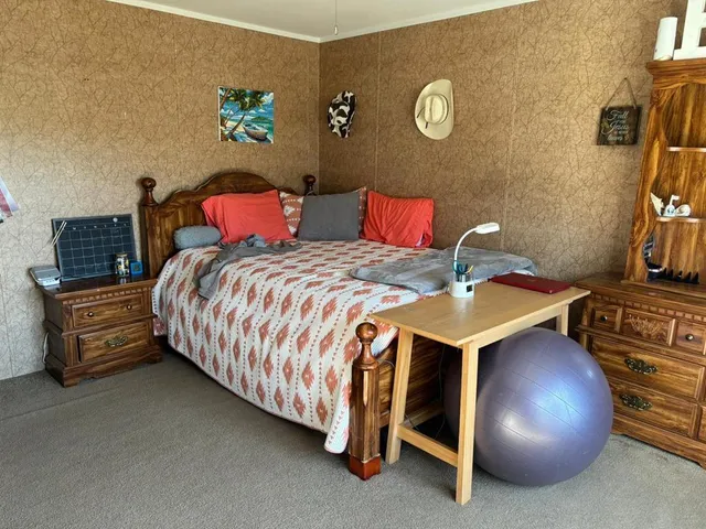 a bedroom with a bed and a couch