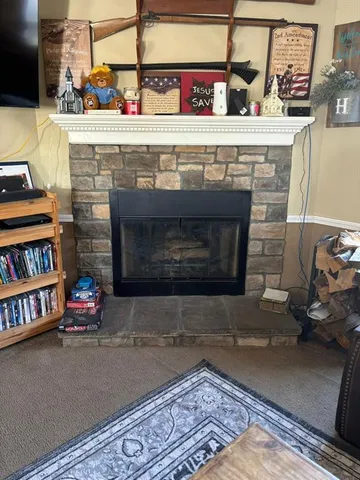 a fireplace with lots of books