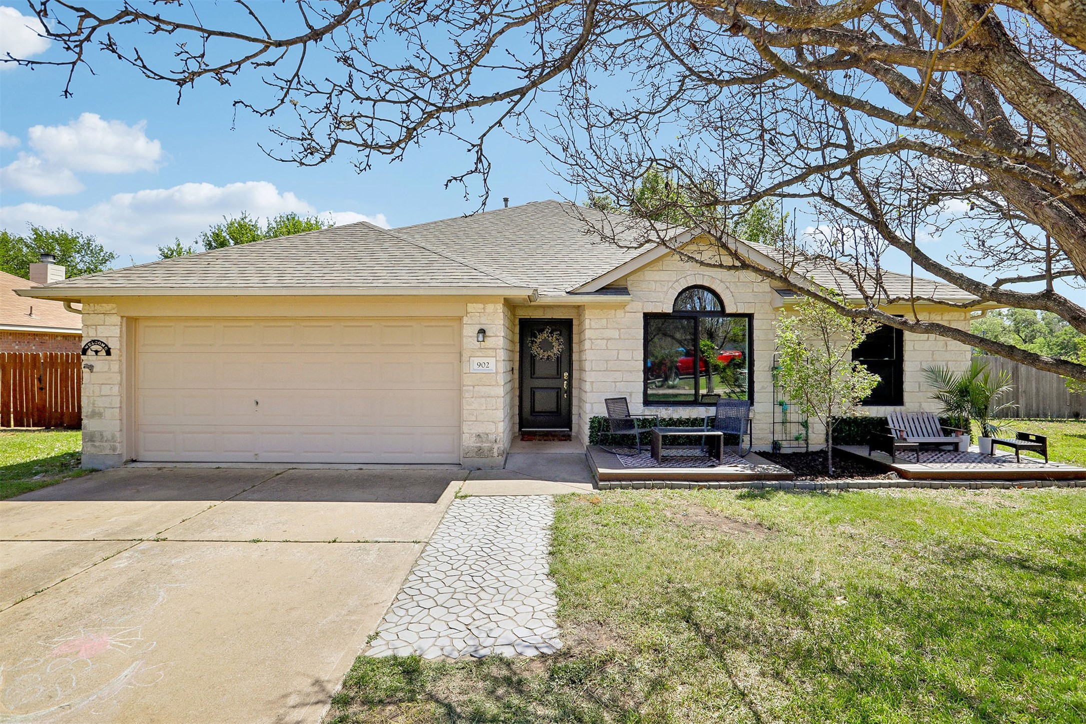 a front view of a house with patio