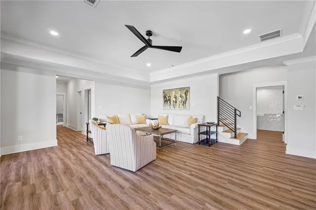 a view of a garden with a bench in the garden