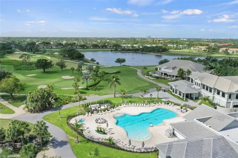 an aerial view of a swimming pool