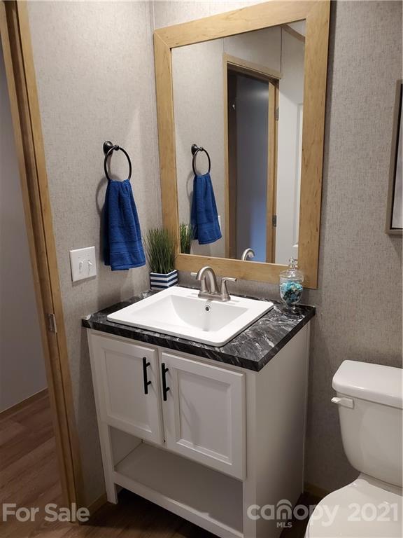 531 Stony Point School Road Stony Point, NC 28678 - Photo 22 of 47 a bathroom with a granite countertop sink and a toilet
