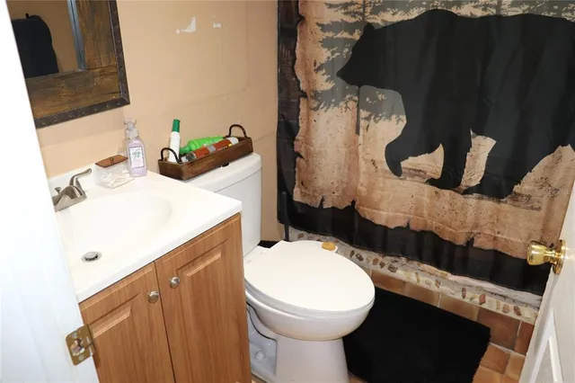 a bathroom with a sink toilet and mirror