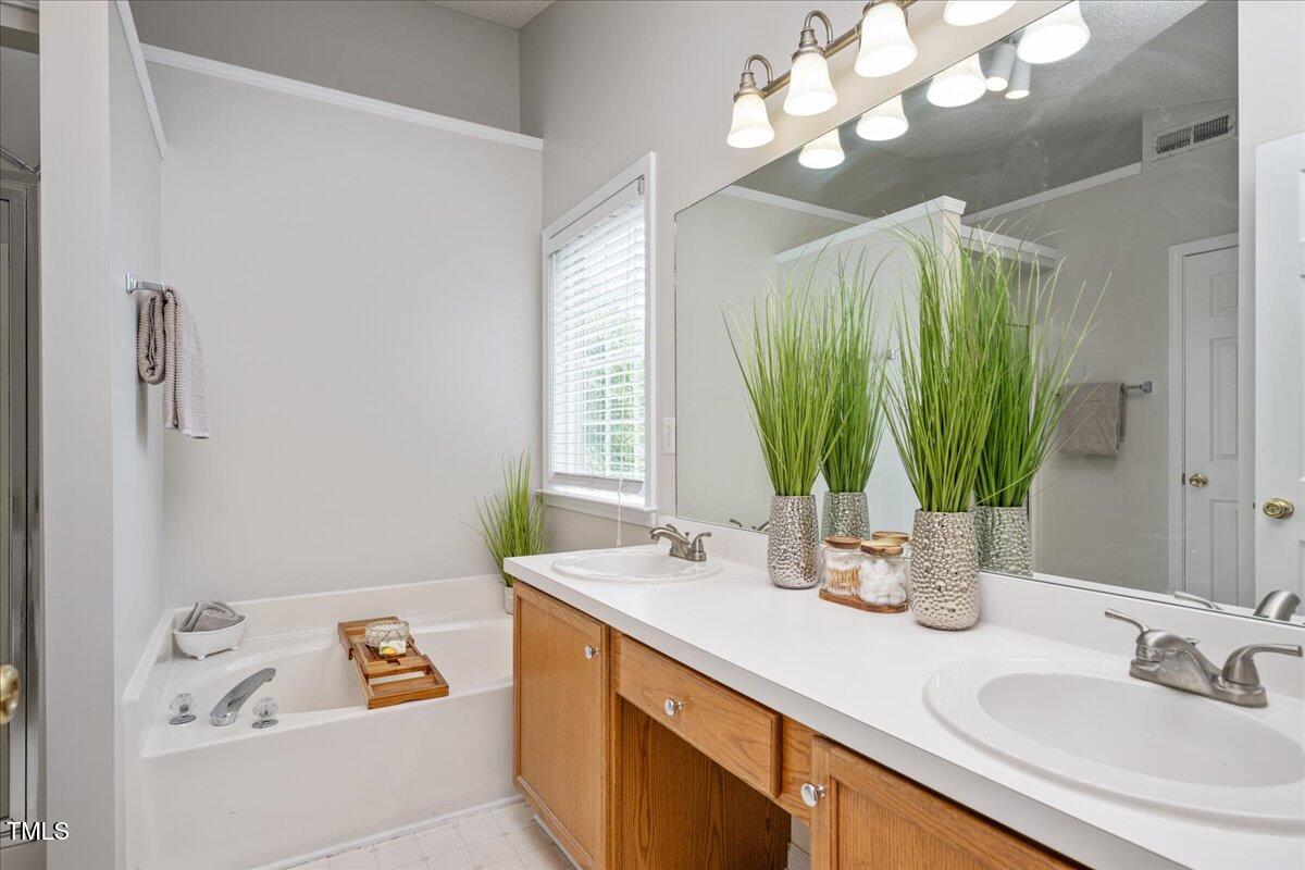 4524 Drewbridge Way Raleigh, NC 27604 - Photo 16 of 29 a bathroom with a sink a large mirror and a window