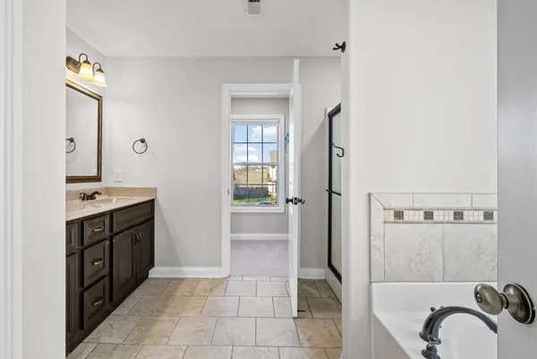 a bathroom with a double vanity sink a mirror and a shower