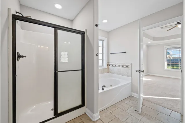 a bathroom with a bathtub and a shower