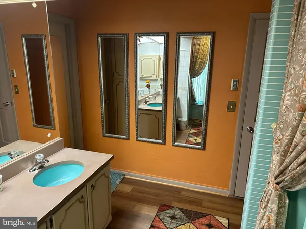 a bathroom with a sink vanity and a mirror