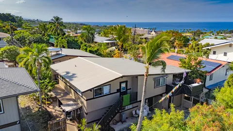 an aerial view of a house with a garden
