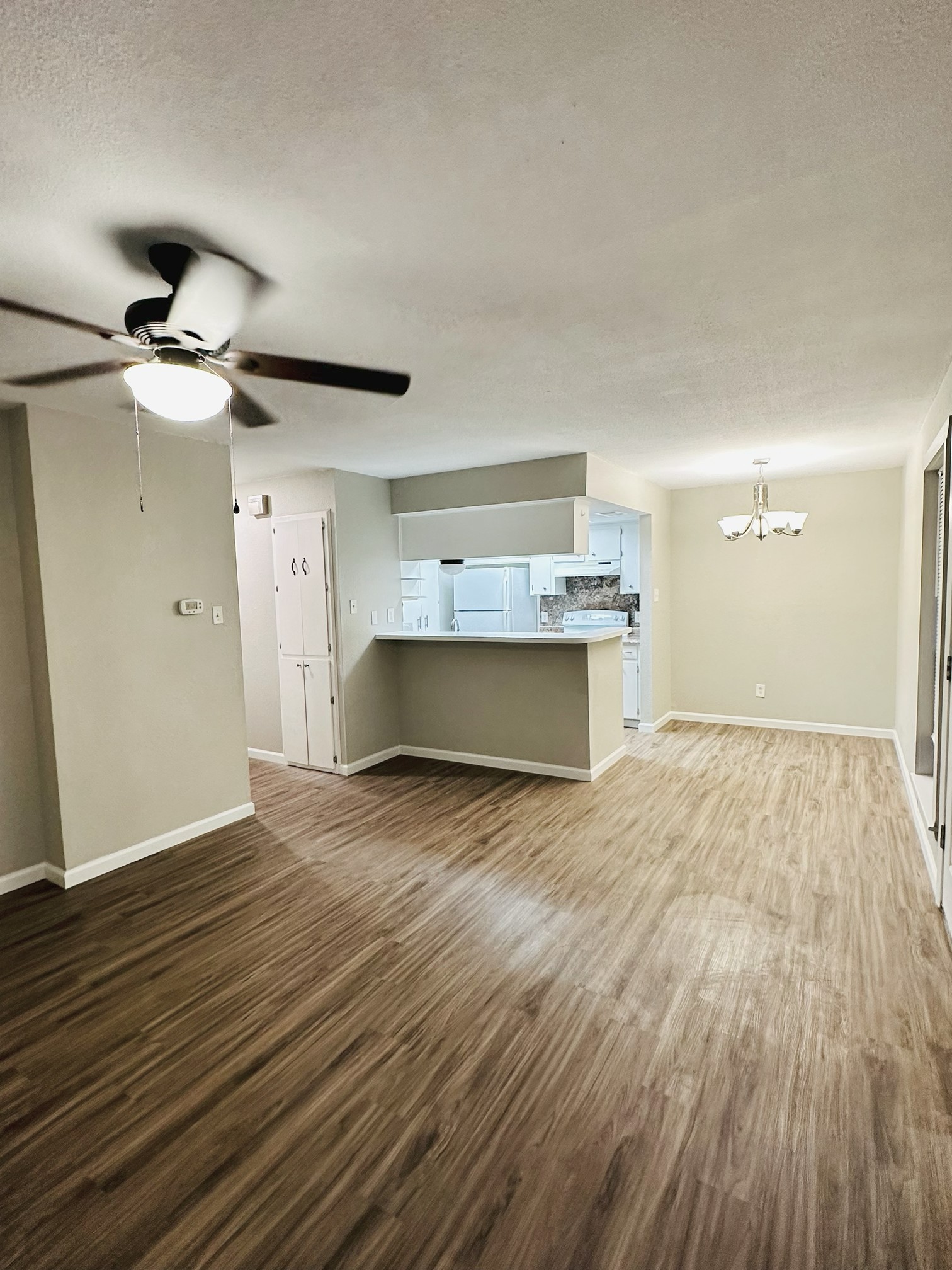 245 Mt Olive Road, Unit A & B Cedar Creek, TX 78612 - Photo 18 of 33 Unit A living room with dark wood-style floors, hanging lights, ceiling fan, and a textured ceiling