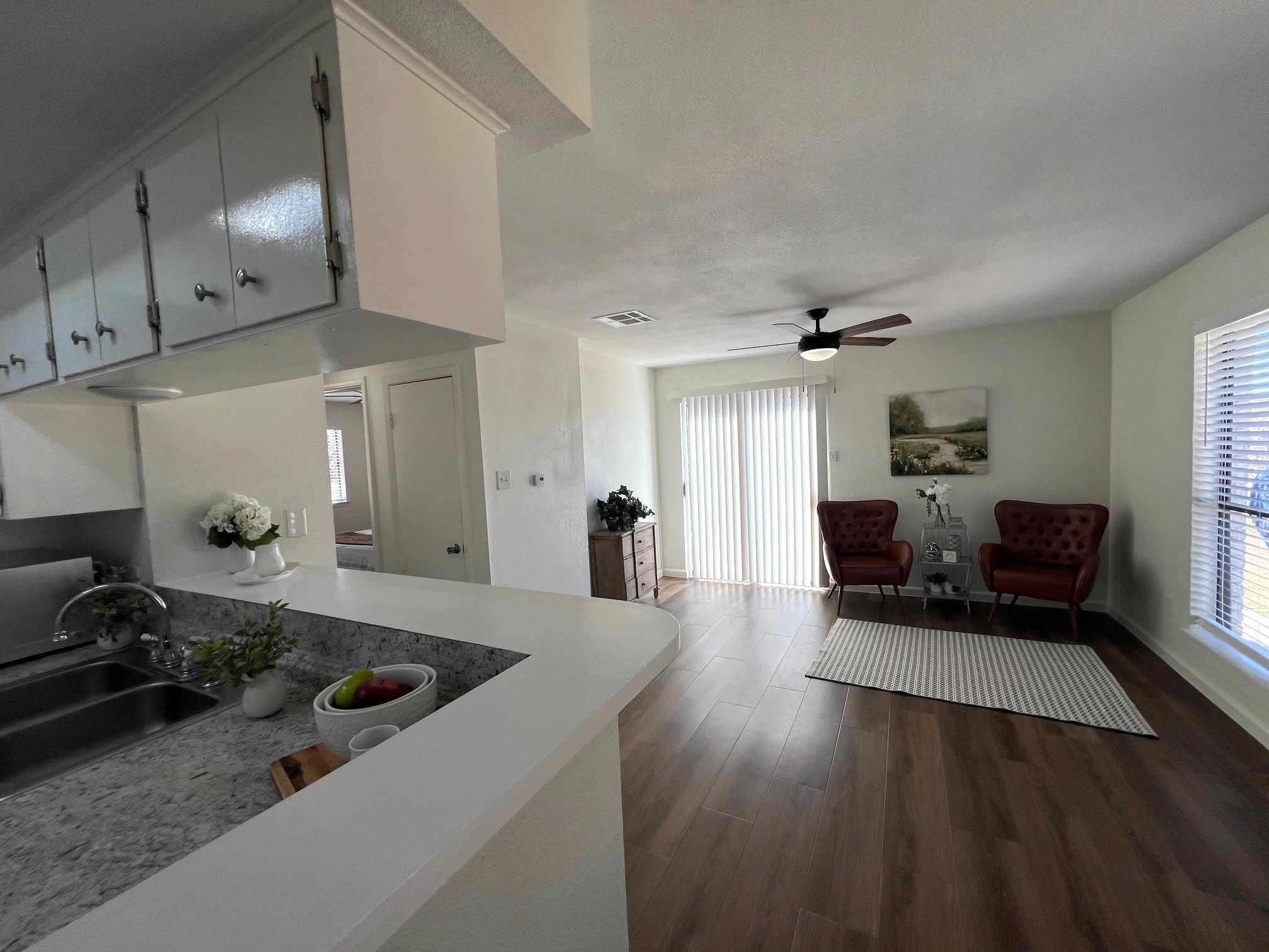 245 Mt Olive Road, Unit A & B Cedar Creek, TX 78612 - Photo 31 of 33 Unit B Kitchen with dark wood style tile flooring, open floor plan, healthy amount of natural light, and a ceiling fan