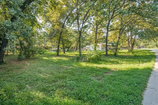 a large yard with lots of green space and trees in the background