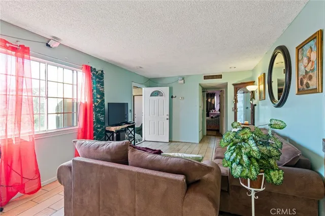 a living room with furniture a potted plant and a large window