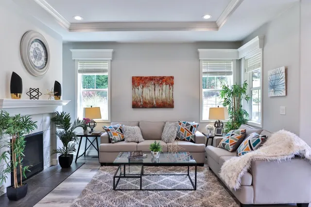 a dining room with furniture window and outside view