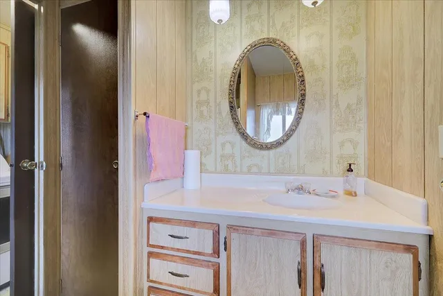 a bathroom with a sink and a mirror