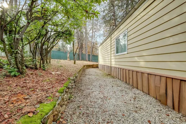 a view of a backyard with large trees