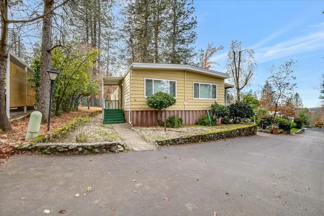 a view of a house with a yard and large tree