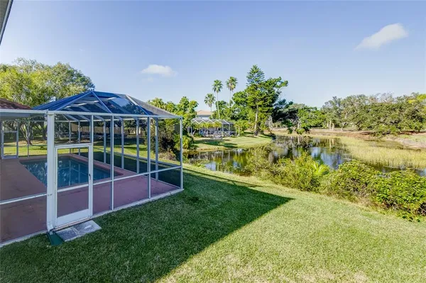 a view of a backyard with plants and lake view
