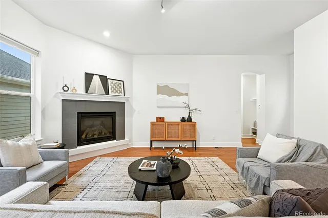 a living room with furniture and a fireplace