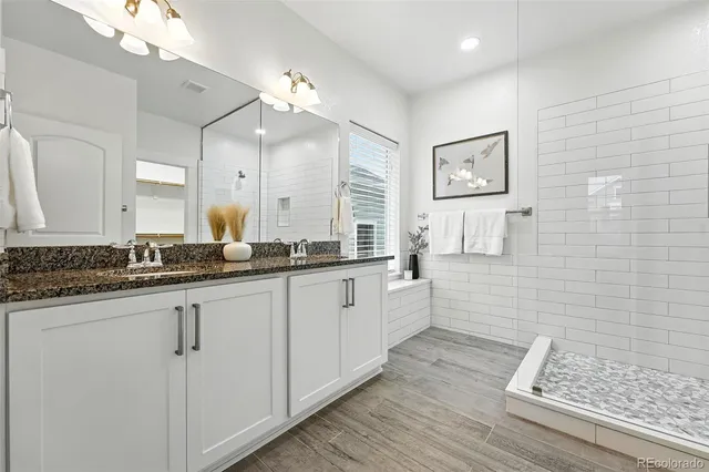 a bathroom with a double vanity sink a mirror and a shower