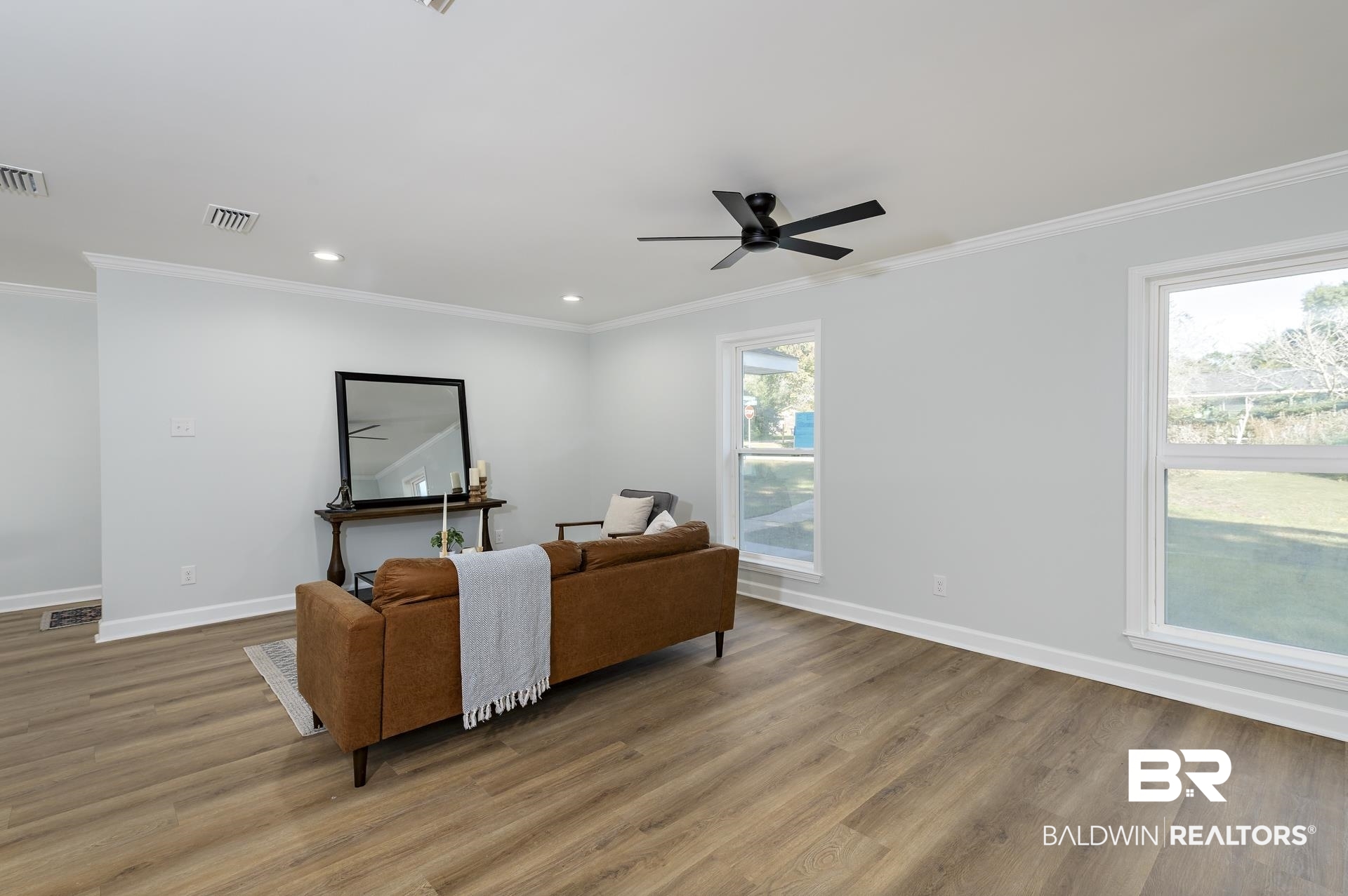6001 Camp Halls Mill Road Mobile, AL 36619 - Photo 19 of 52 Sitting room featuring ornamental molding, light wood-style floors, recessed lighting, and a ceiling fan
