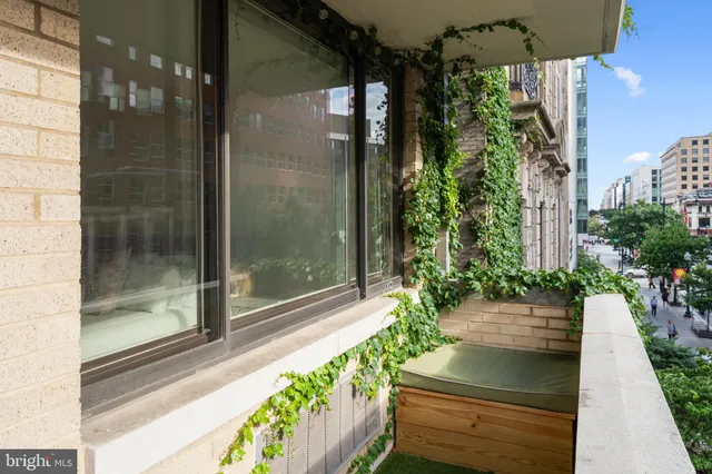 a view of a balcony with a potted plant