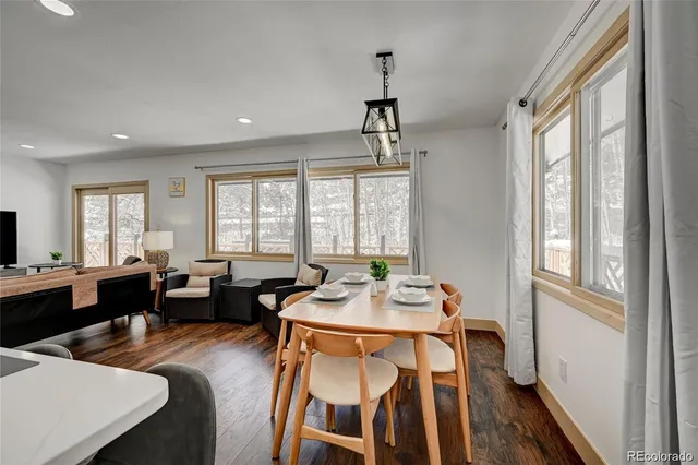 a view of a dining room with furniture window and wooden floor