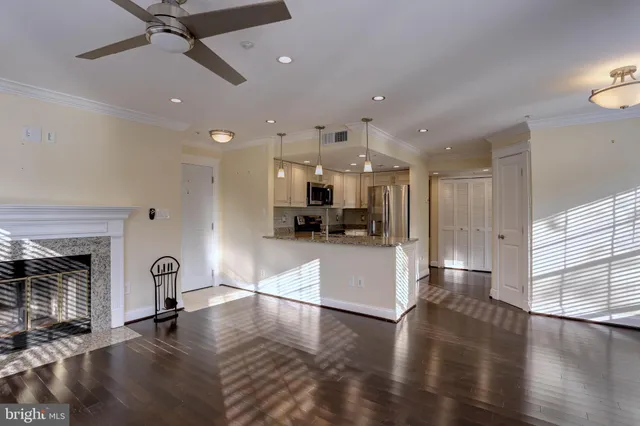 a view of living room with furniture and a fireplace