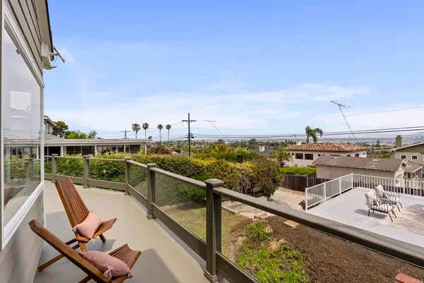 a view of a balcony with chairs