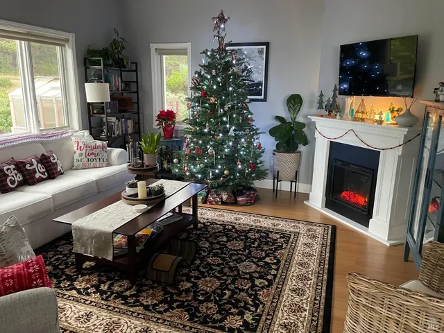 a living room with furniture a flat screen tv and a fireplace