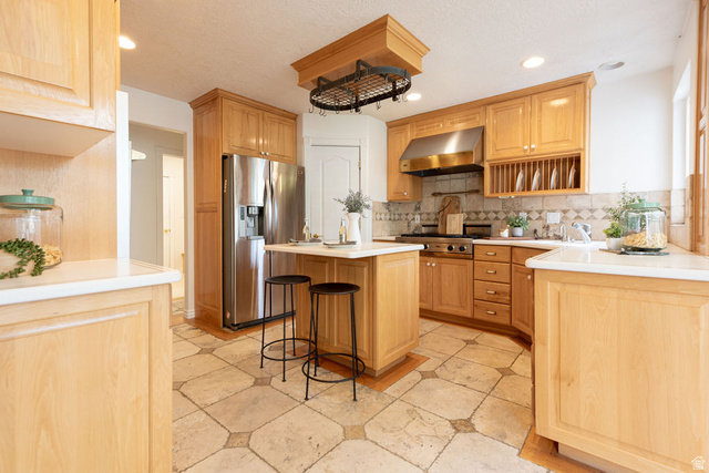 875 East 1300th Street North Mapleton, UT 84664 - Photo 18 of 65 Kitchen with stainless steel appliances, a center island, range hood, a breakfast bar area, and light countertops
