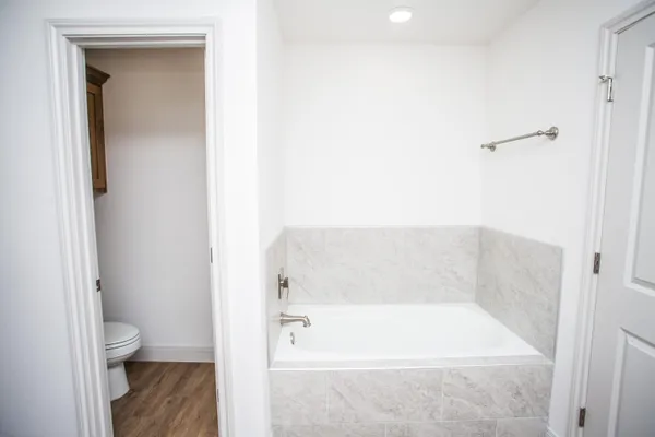 a bathroom with a bathtub and toilet