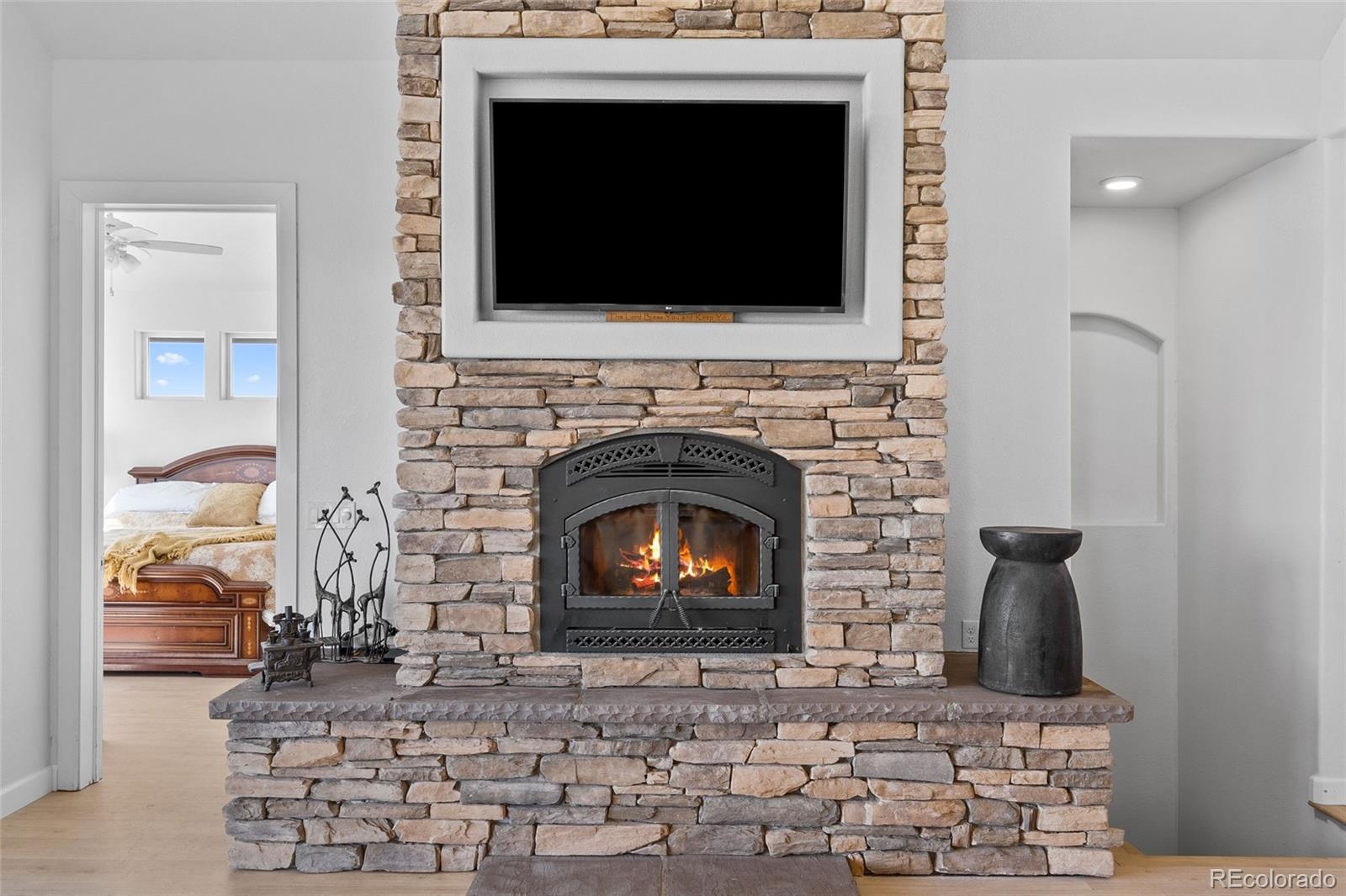 7600 Patrick Trail Elizabeth, CO 80107 - Photo 9 of 45 a living room with a fireplace and a flat screen tv